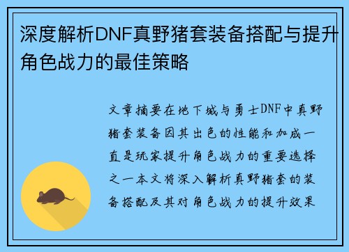 深度解析DNF真野猪套装备搭配与提升角色战力的最佳策略